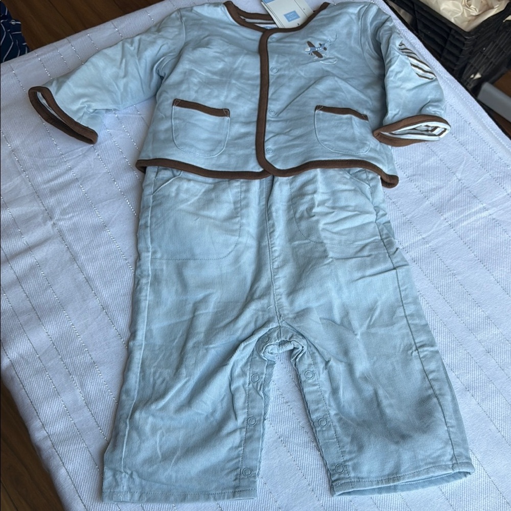 Janie and Jack Light Blue Baby Outfit with Brown Trim